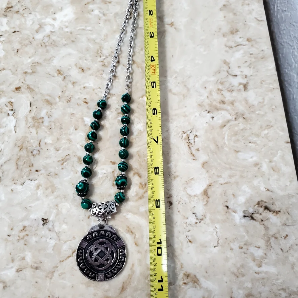 Green Beaded Malachite Silvertone Chain Necklace Celtic Pendant marked CM